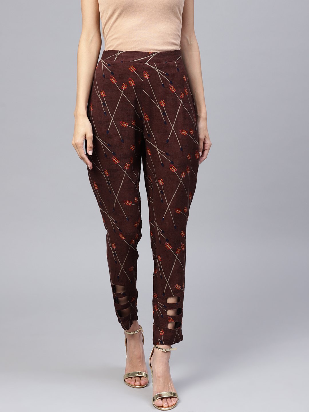 Dark Brown Printed Peeka A Boo Pants | LASVINI - Redefining Indian Fashion with Elegance