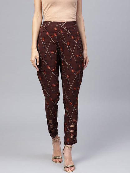 Dark Brown Printed Peeka A Boo Pants | LASVINI - Redefining Indian Fashion with Elegance