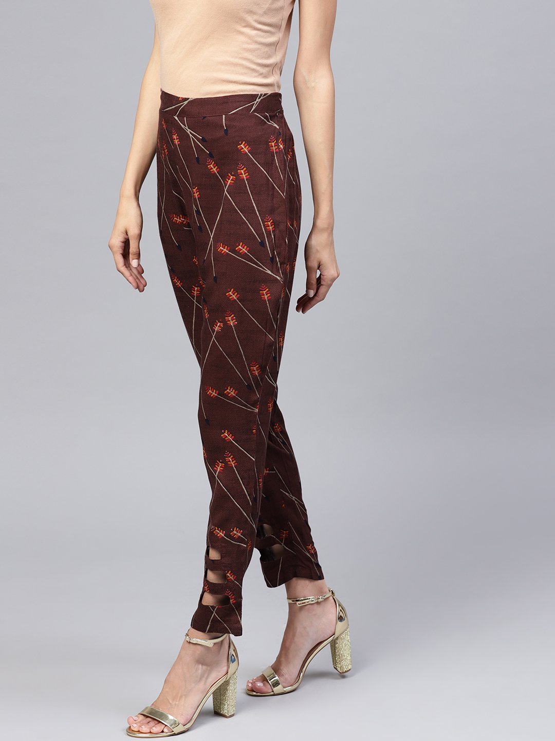 Dark Brown Printed Peeka A Boo Pants | LASVINI - Redefining Indian Fashion with Elegance