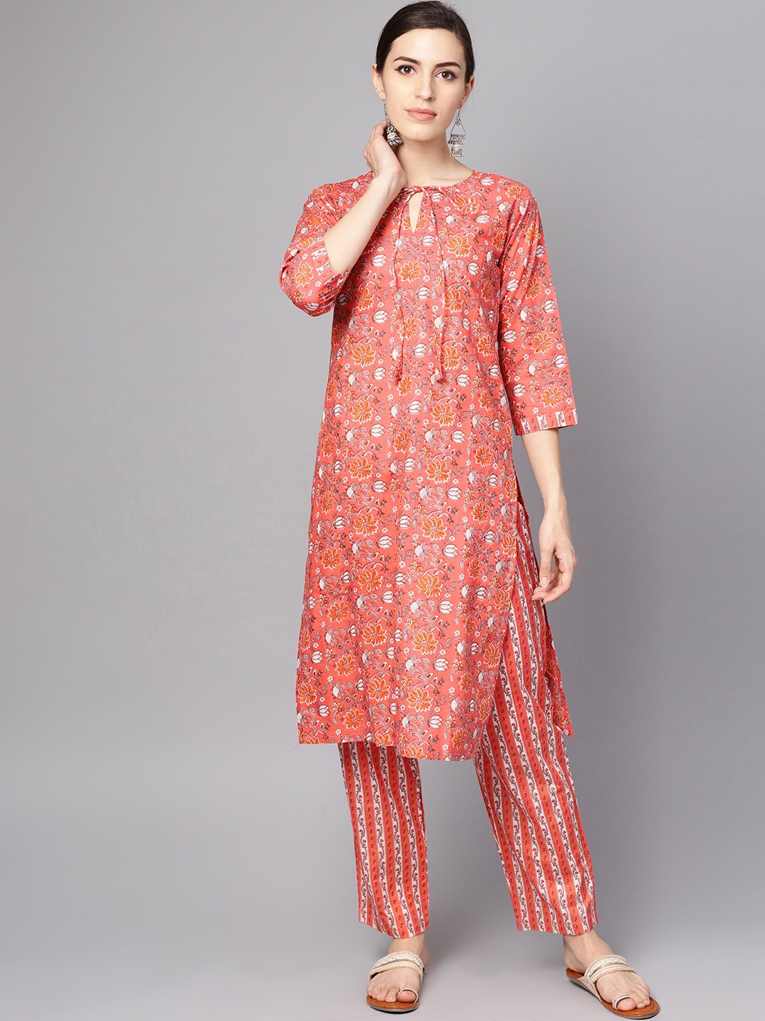 Coral Pink Floral Print Kurta Set With Pants | LASVINI - Redefining Indian Fashion with Elegance