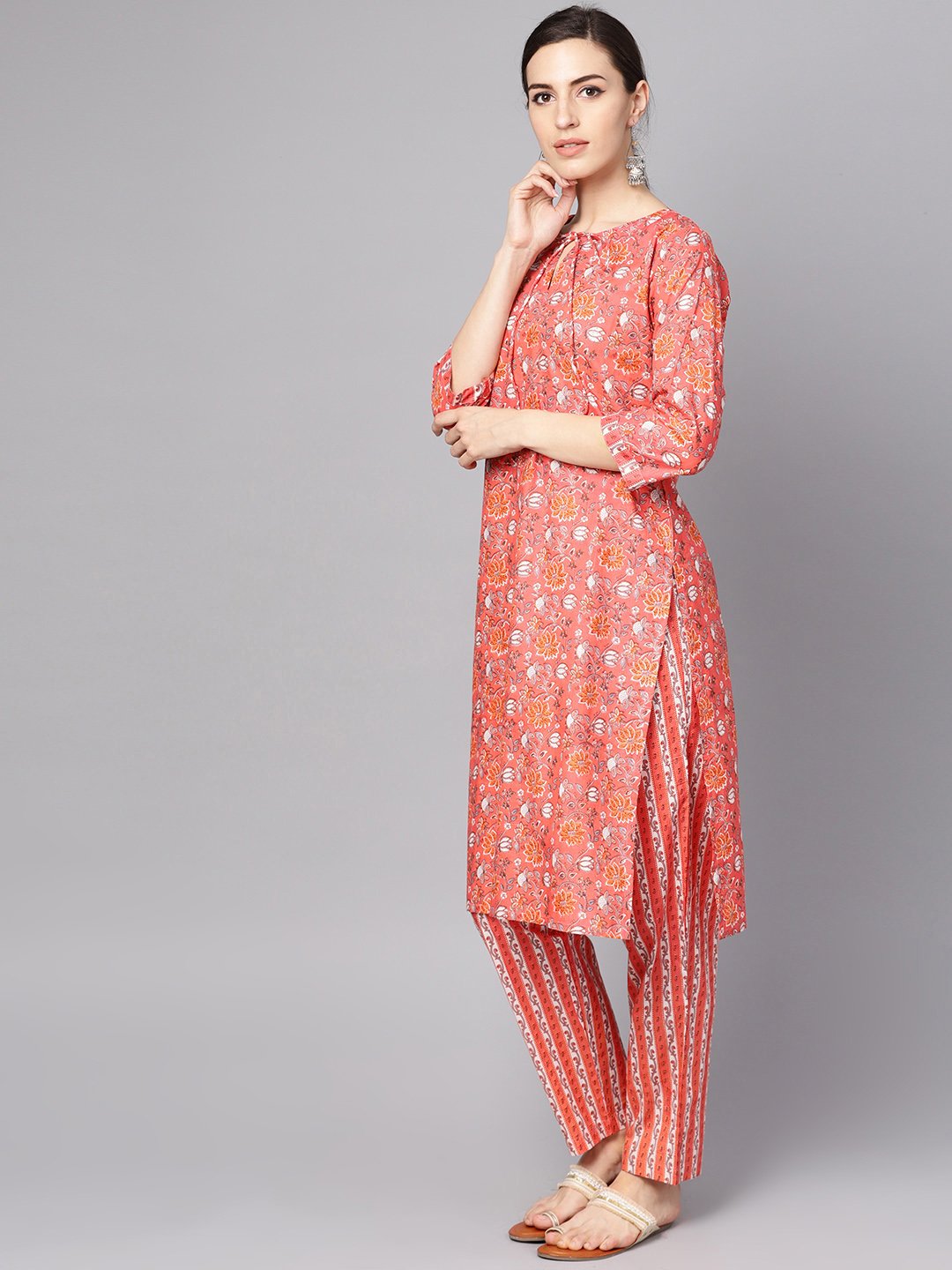 Coral Pink Floral Print Kurta Set With Pants | LASVINI - Redefining Indian Fashion with Elegance