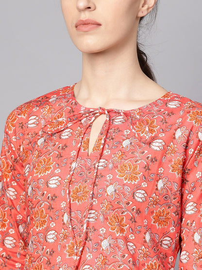 Coral Pink Floral Print Kurta Set With Pants | LASVINI - Redefining Indian Fashion with Elegance