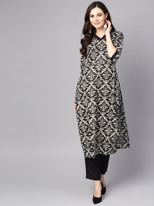 Black & White Floral Printed Kurta Set With Pants | LASVINI - Redefining Indian Fashion with Elegance
