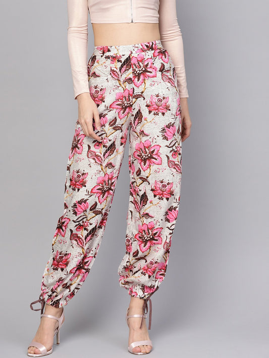 White & Chocolate Brown Printed Palazzo With Drawstring At Bottom | LASVINI - Redefining Indian Fashion with Elegance