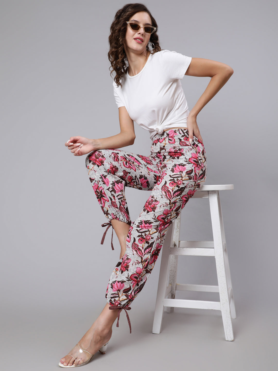 Women Off-White & Pink Floral Printed Trouser | LASVINI - Redefining Indian Fashion with Elegance