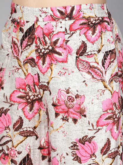 Women Off-White & Pink Floral Printed Trouser | LASVINI - Redefining Indian Fashion with Elegance