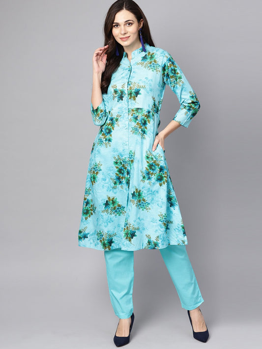 Sky Blue Floral Printed Kurta Set With Solid Pants | LASVINI - Redefining Indian Fashion with Elegance