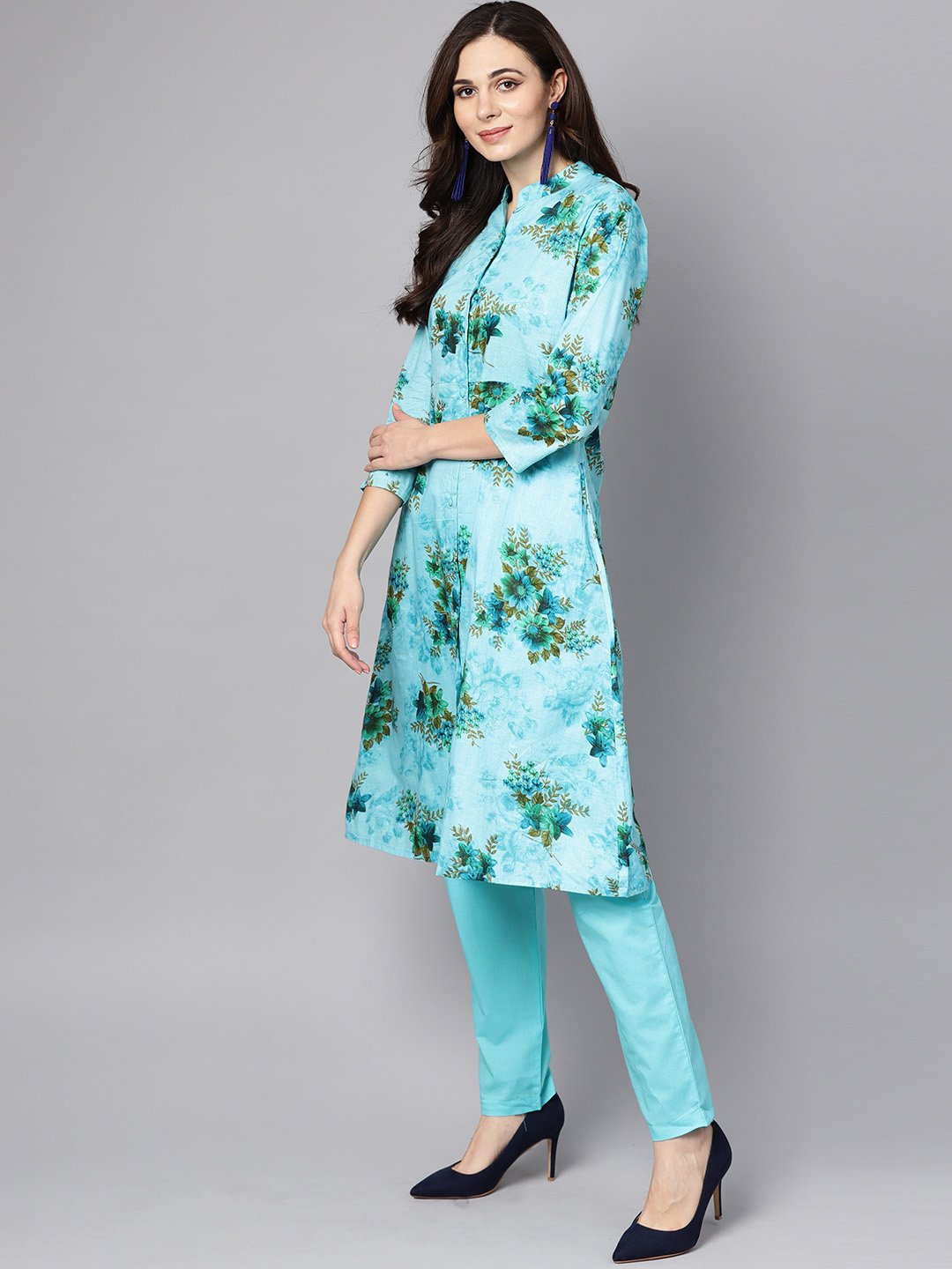 Sky Blue Floral Printed Kurta Set With Solid Pants | LASVINI - Redefining Indian Fashion with Elegance