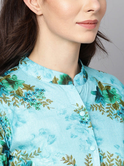 Sky Blue Floral Printed Kurta Set With Solid Pants | LASVINI - Redefining Indian Fashion with Elegance