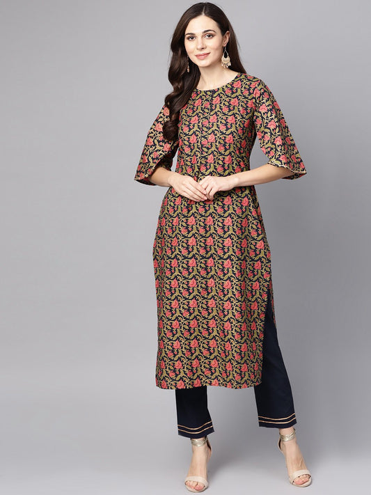 Navy Blue & Gold Khadi Floral Printed Kurta Set With Solid Navy Blue Pants | LASVINI - Redefining Indian Fashion with Elegance
