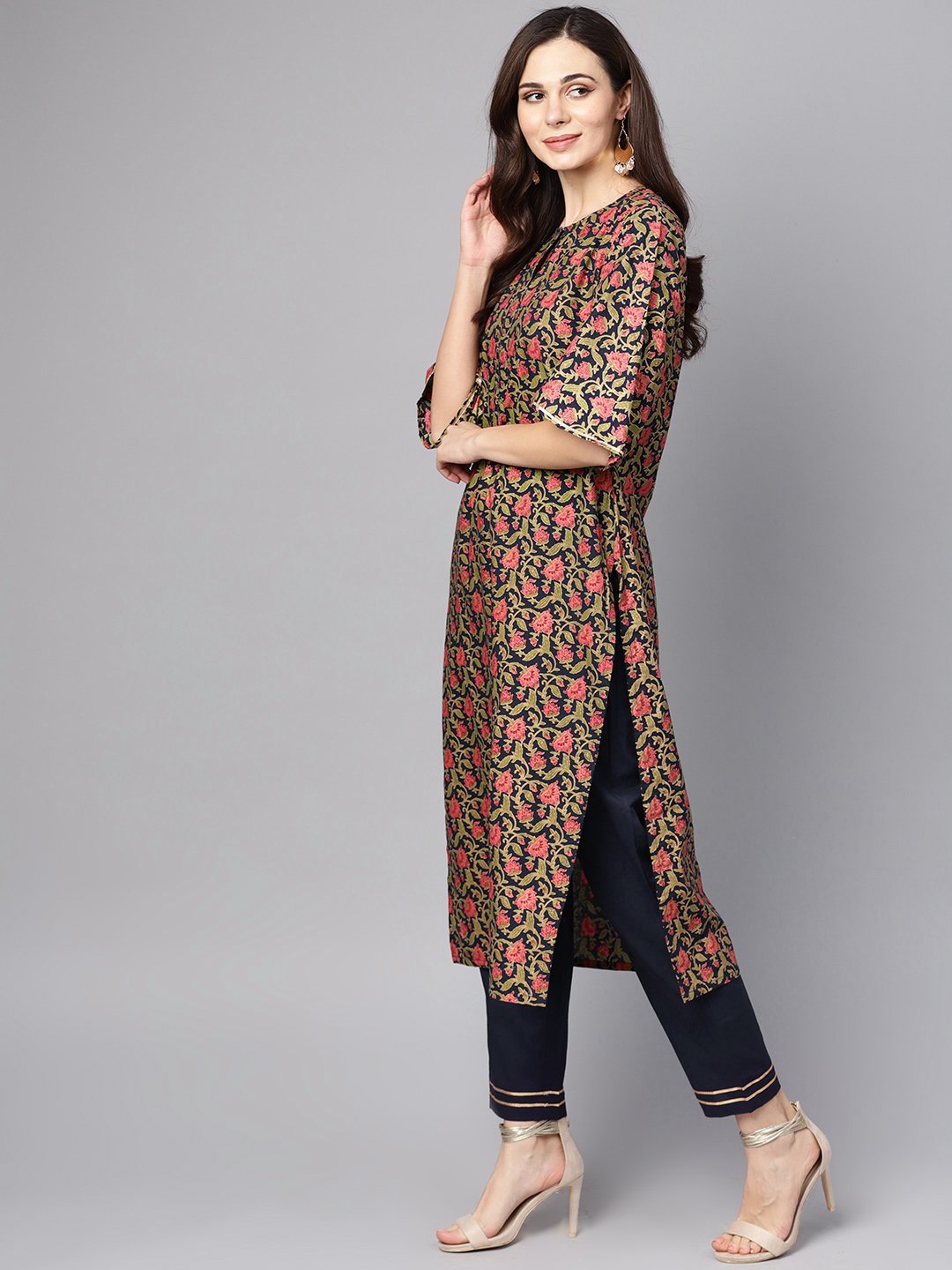 Navy Blue & Gold Khadi Floral Printed Kurta Set With Solid Navy Blue Pants | LASVINI - Redefining Indian Fashion with Elegance