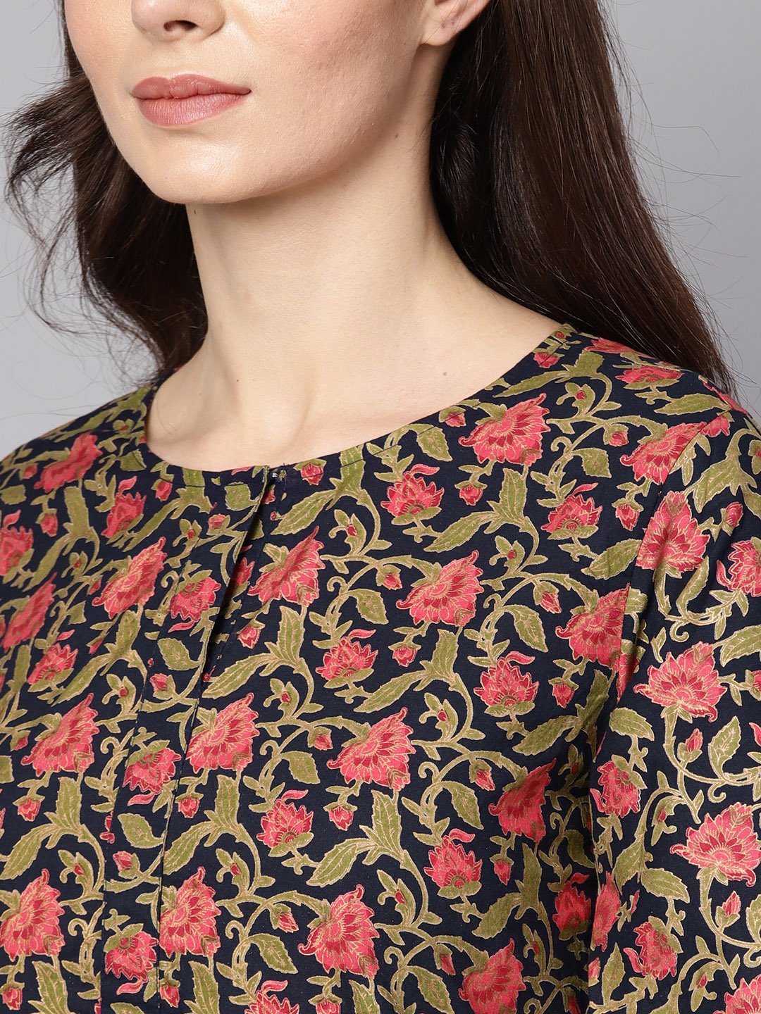 Navy Blue & Gold Khadi Floral Printed Kurta Set With Solid Navy Blue Pants | LASVINI - Redefining Indian Fashion with Elegance