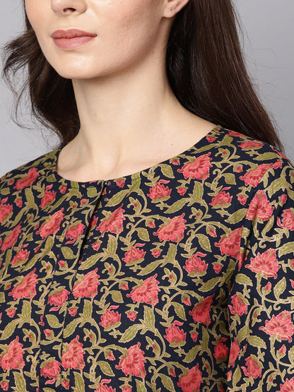 Navy Blue & Gold Khadi Floral Printed Kurta Set With Solid Navy Blue Pants | LASVINI - Redefining Indian Fashion with Elegance