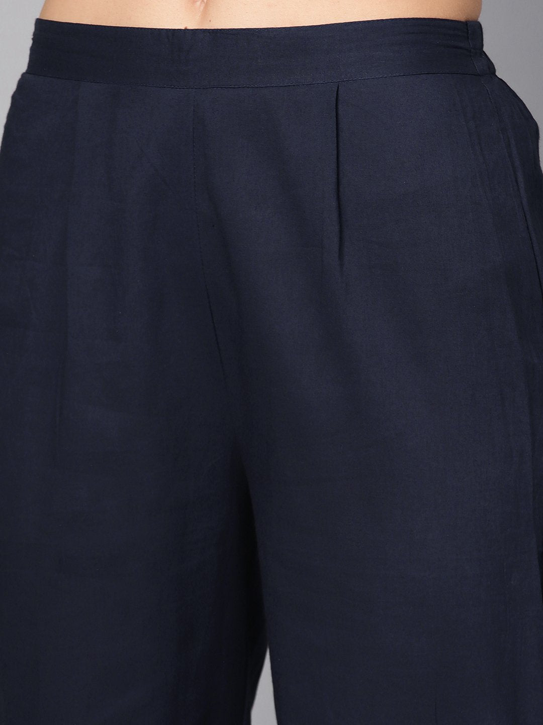 Navy Blue & Gold Khadi Floral Printed Kurta Set With Solid Navy Blue Pants | LASVINI - Redefining Indian Fashion with Elegance