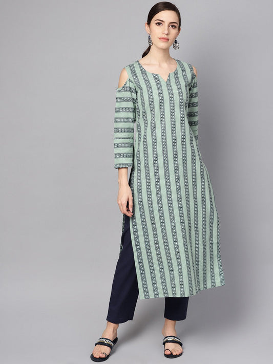 Pastel Green Printed Kurta Set With Solid Navy Blue Pants | LASVINI - Redefining Indian Fashion with Elegance