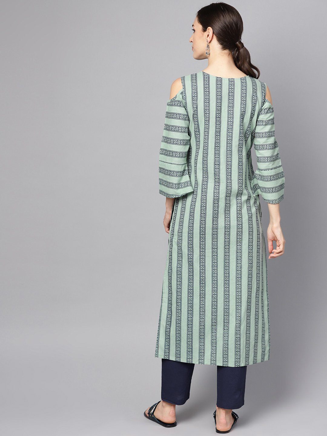 Pastel Green Printed Kurta Set With Solid Navy Blue Pants | LASVINI - Redefining Indian Fashion with Elegance
