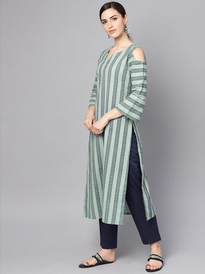 Pastel Green Printed Kurta Set With Solid Navy Blue Pants | LASVINI - Redefining Indian Fashion with Elegance