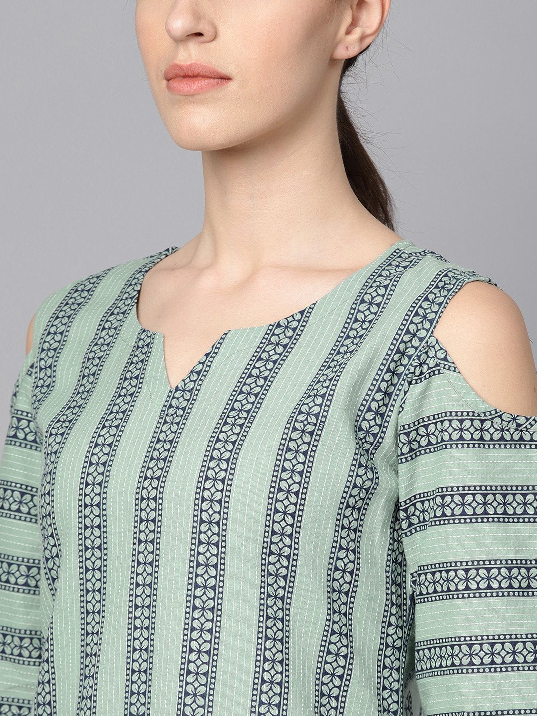 Pastel Green Printed Kurta Set With Solid Navy Blue Pants | LASVINI - Redefining Indian Fashion with Elegance