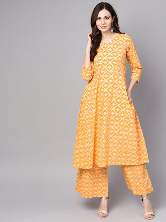 Yellow Geometric Printed Kurta Set With Flared Palazzo | LASVINI - Redefining Indian Fashion with Elegance