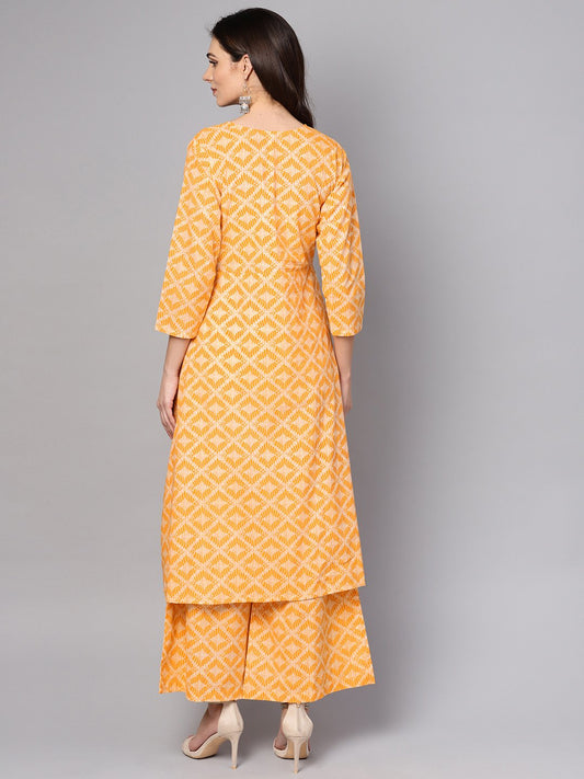 Yellow Geometric Printed Kurta Set With Flared Palazzo | LASVINI - Redefining Indian Fashion with Elegance