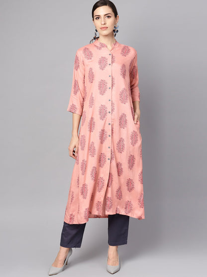 Pastel Pink Printed Kurta Set With Solid Dark Grey Pants | LASVINI - Redefining Indian Fashion with Elegance