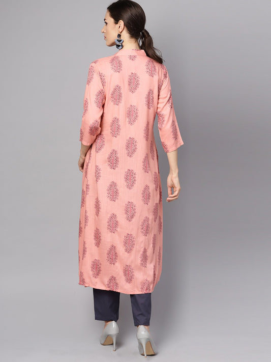 Pastel Pink Printed Kurta Set With Solid Dark Grey Pants | LASVINI - Redefining Indian Fashion with Elegance
