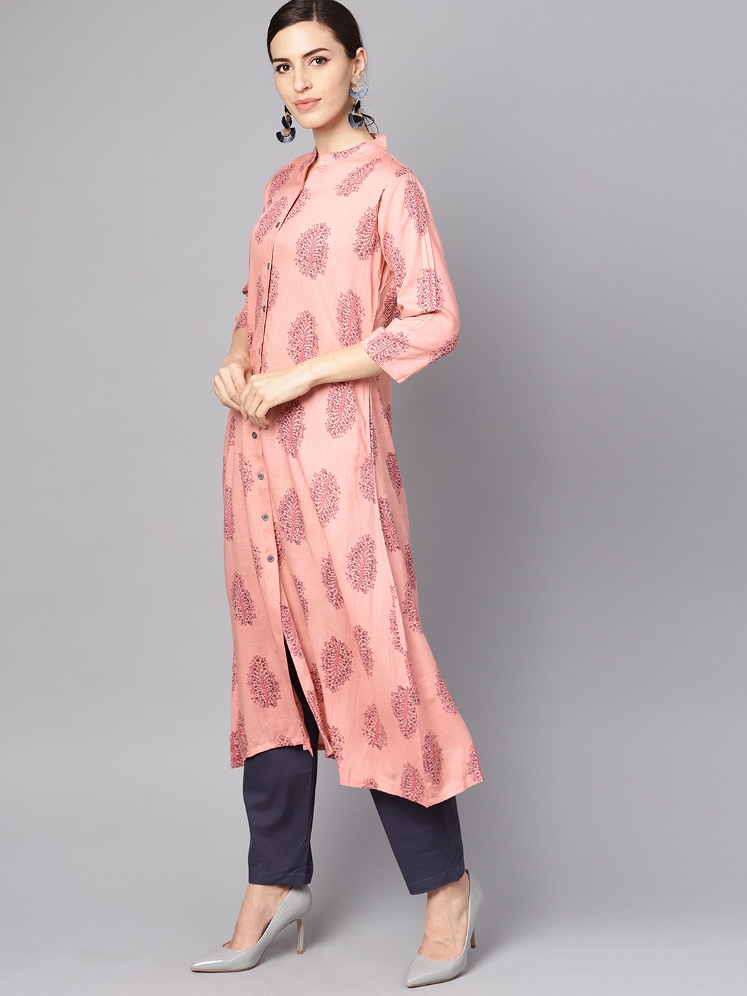 Pastel Pink Printed Kurta Set With Solid Dark Grey Pants | LASVINI - Redefining Indian Fashion with Elegance
