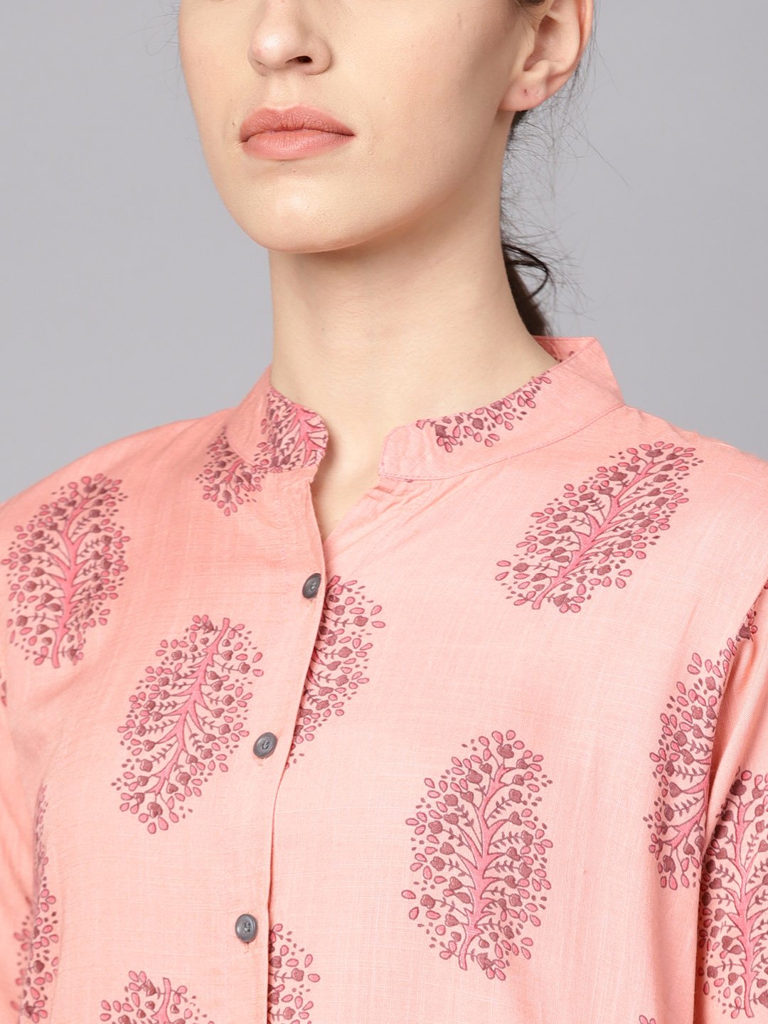 Pastel Pink Printed Kurta Set With Solid Dark Grey Pants | LASVINI - Redefining Indian Fashion with Elegance