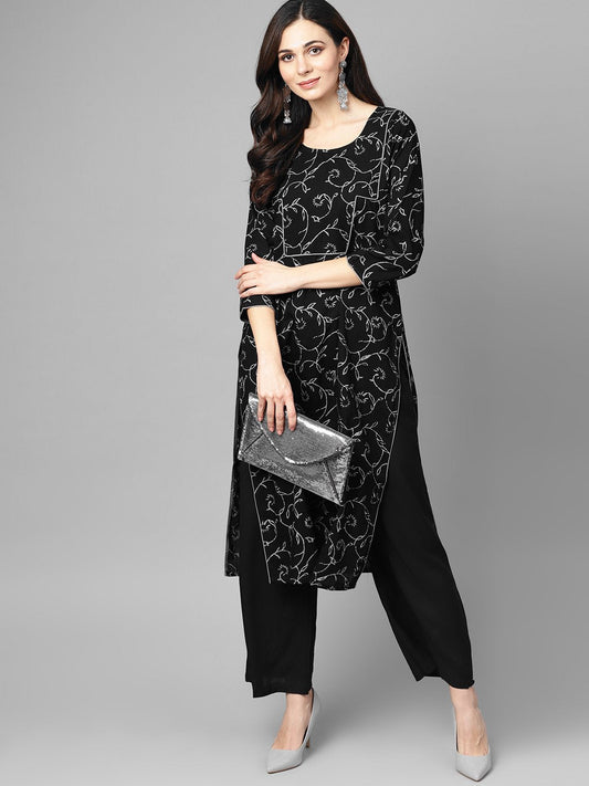 Black & Grey Floral Printed Kurta Set With Solid Black Palazzo | LASVINI - Redefining Indian Fashion with Elegance
