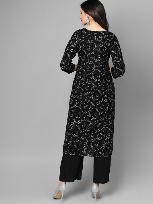 Black & Grey Floral Printed Kurta Set With Solid Black Palazzo | LASVINI - Redefining Indian Fashion with Elegance