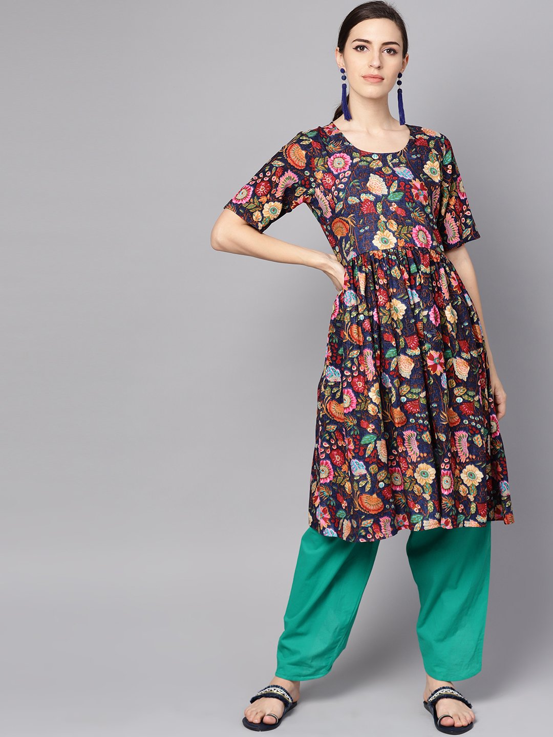 Navy Blue Multi Colored Pleated Kurta With Solid Tulip Pants | LASVINI - Redefining Indian Fashion with Elegance