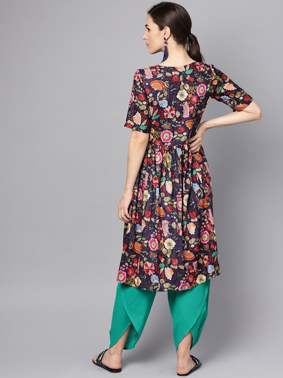 Navy Blue Multi Colored Pleated Kurta With Solid Tulip Pants | LASVINI - Redefining Indian Fashion with Elegance