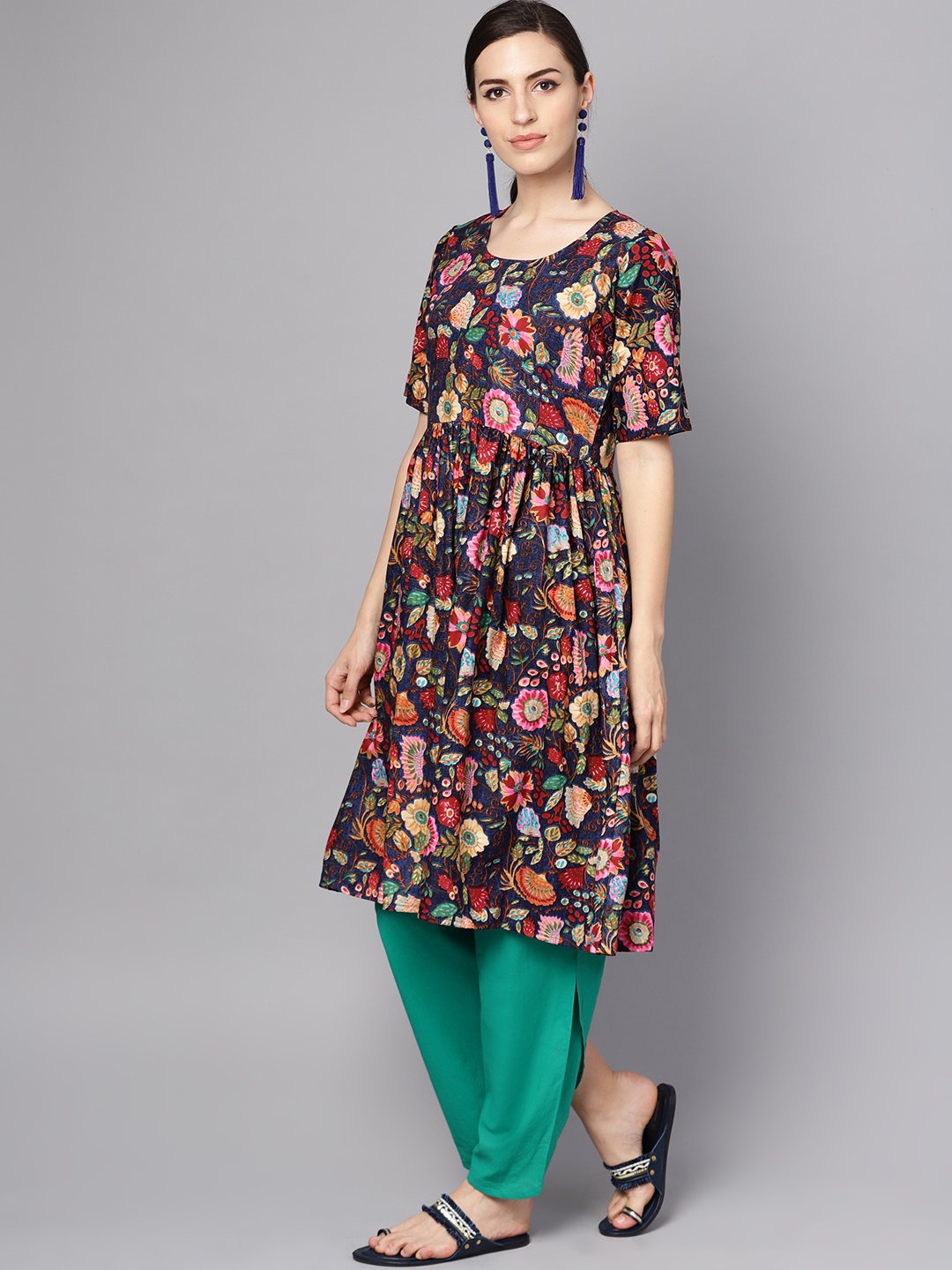 Navy Blue Multi Colored Pleated Kurta With Solid Tulip Pants | LASVINI - Redefining Indian Fashion with Elegance