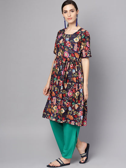 Navy Blue Multi Colored Pleated Kurta With Solid Tulip Pants | LASVINI - Redefining Indian Fashion with Elegance