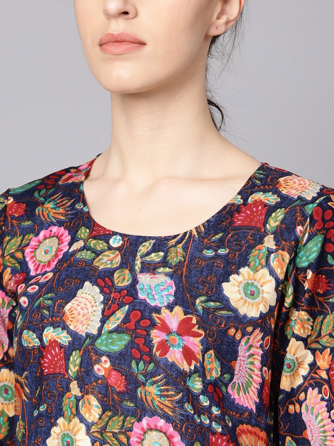 Navy Blue Multi Colored Pleated Kurta With Solid Tulip Pants | LASVINI - Redefining Indian Fashion with Elegance