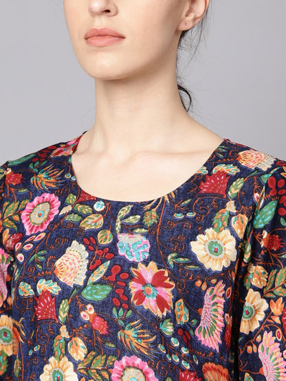 Navy Blue Multi Colored Pleated Kurta With Solid Tulip Pants | LASVINI - Redefining Indian Fashion with Elegance