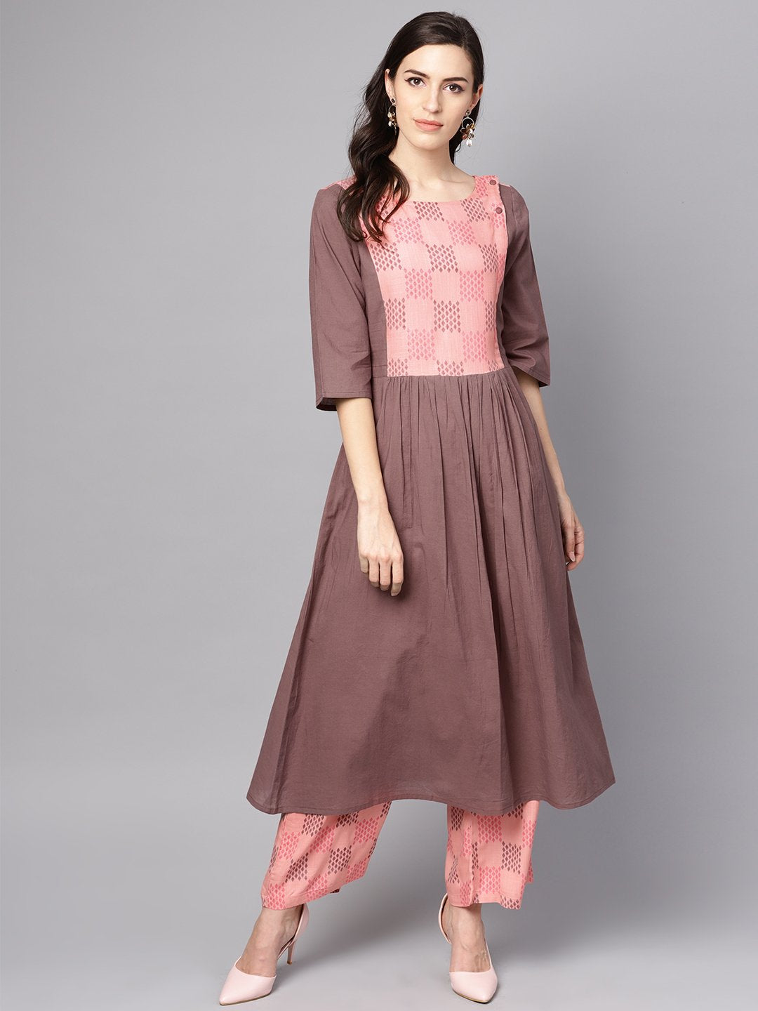 Pink & Brown A-Line Kurta Set With Pants | LASVINI - Redefining Indian Fashion with Elegance