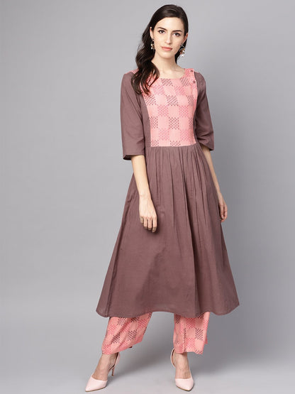Pink & Brown A-Line Kurta Set With Pants | LASVINI - Redefining Indian Fashion with Elegance