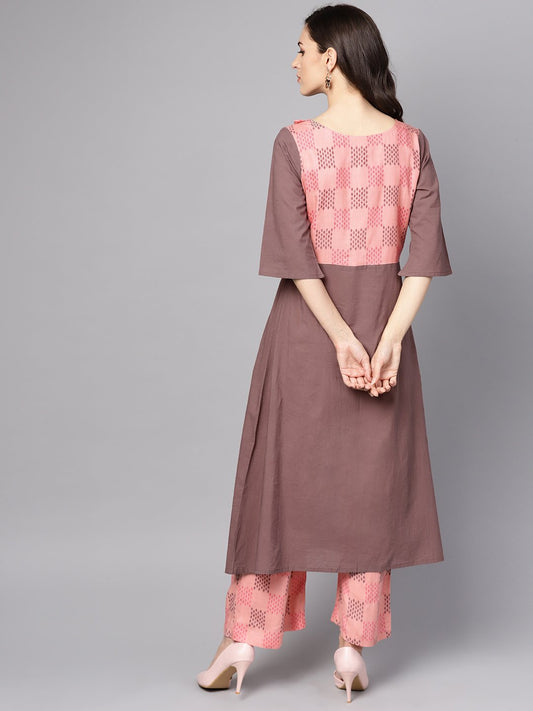 Pink & Brown A-Line Kurta Set With Pants | LASVINI - Redefining Indian Fashion with Elegance