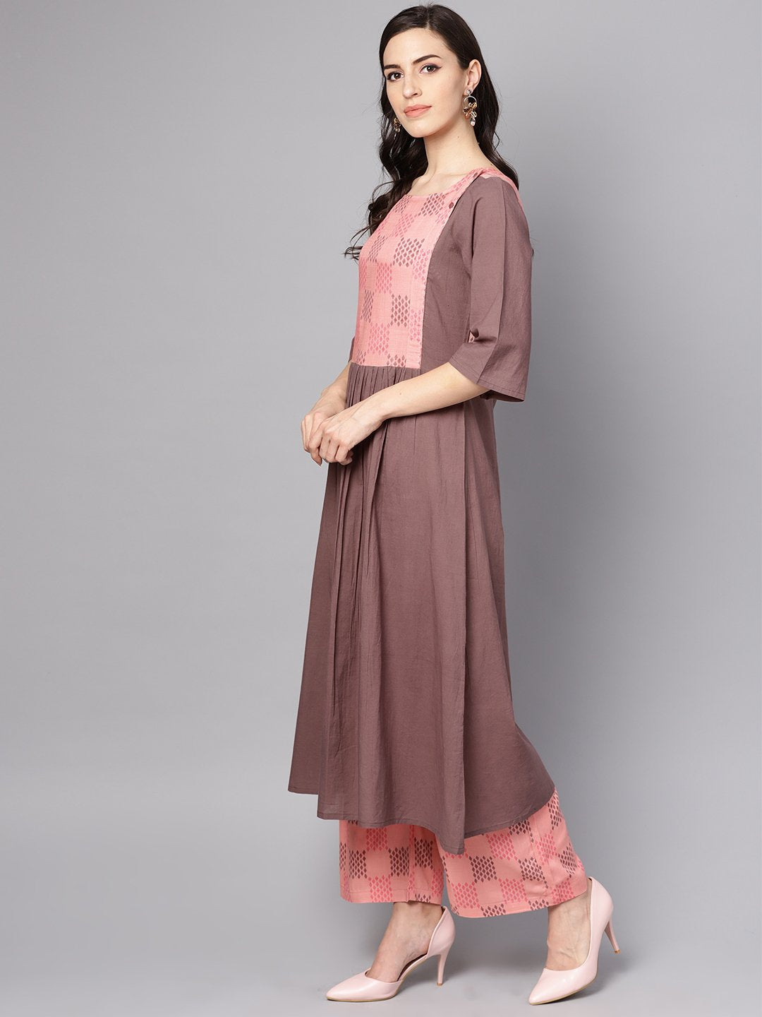 Pink & Brown A-Line Kurta Set With Pants | LASVINI - Redefining Indian Fashion with Elegance