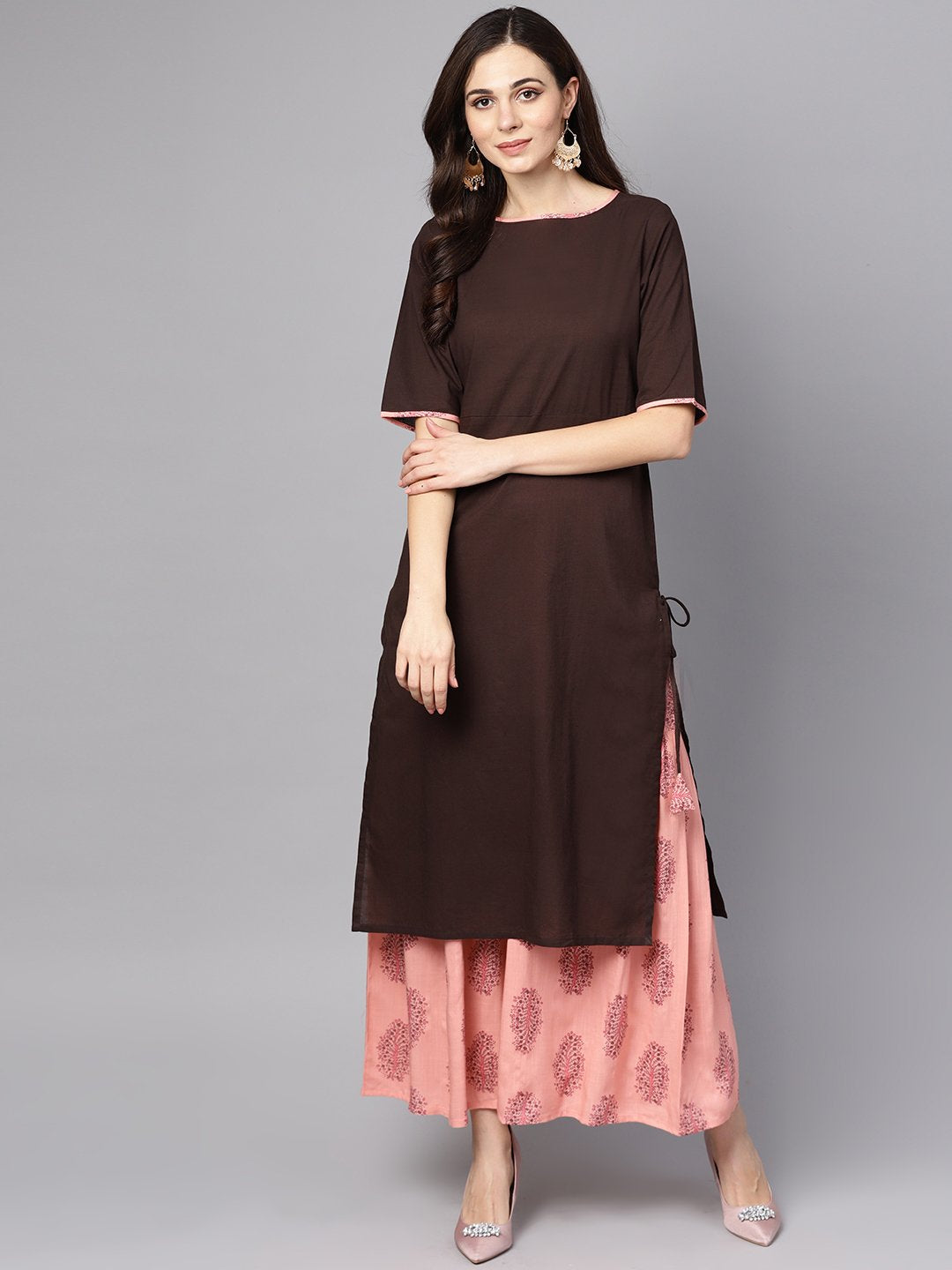 Solid Brown Half Sleeve Kurta Set With Printed Sharara | LASVINI - Redefining Indian Fashion with Elegance