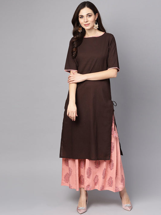 Solid Brown Half Sleeve Kurta Set With Printed Sharara | LASVINI - Redefining Indian Fashion with Elegance