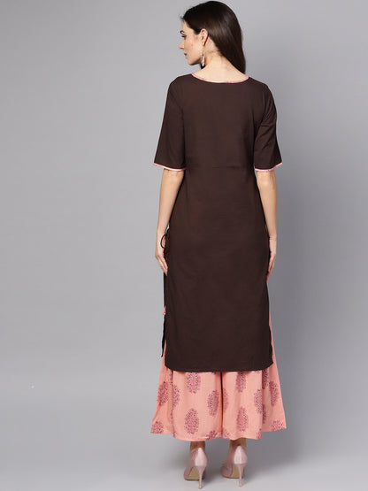 Solid Brown Half Sleeve Kurta Set With Printed Sharara | LASVINI - Redefining Indian Fashion with Elegance