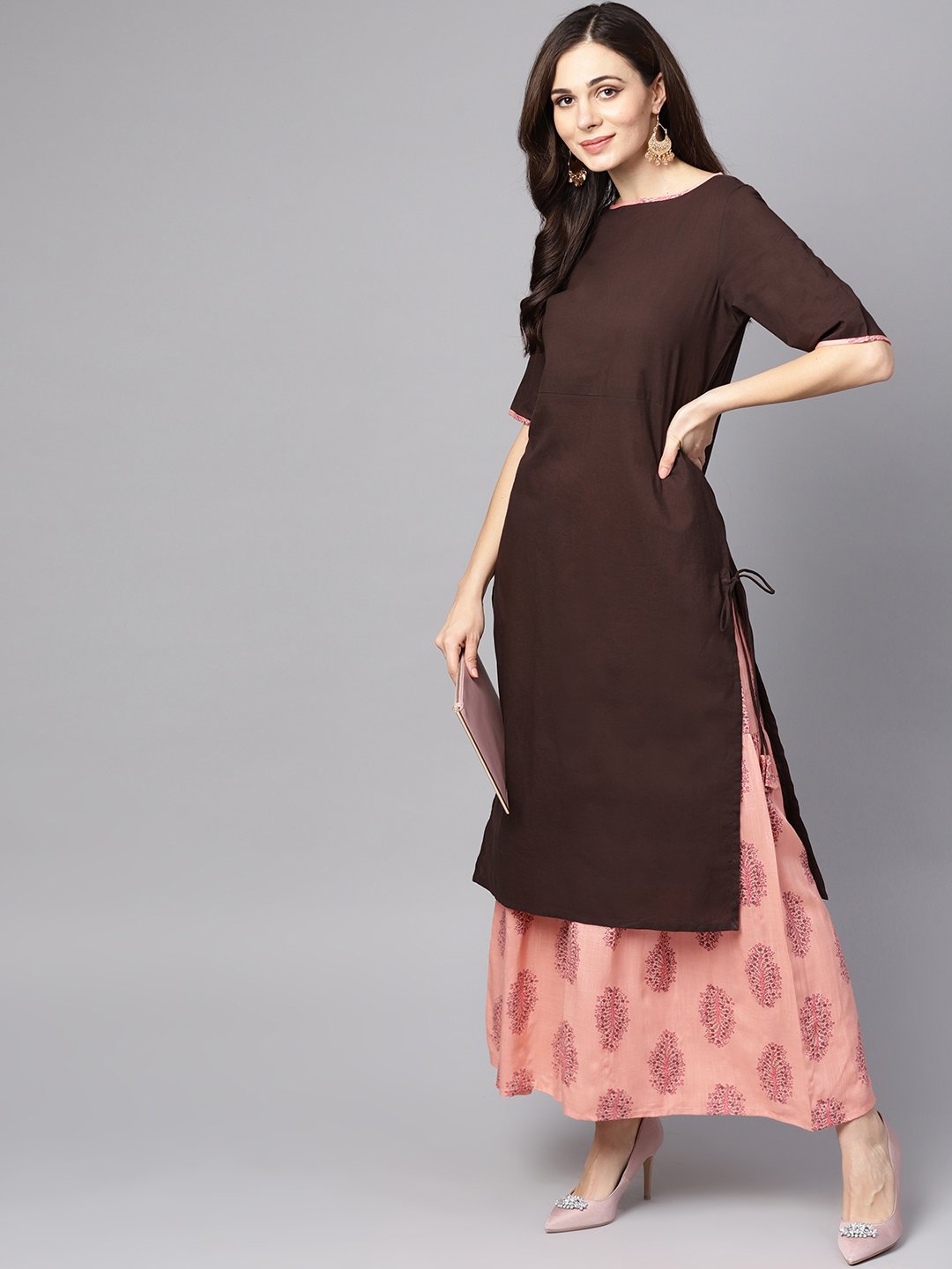 Solid Brown Half Sleeve Kurta Set With Printed Sharara | LASVINI - Redefining Indian Fashion with Elegance