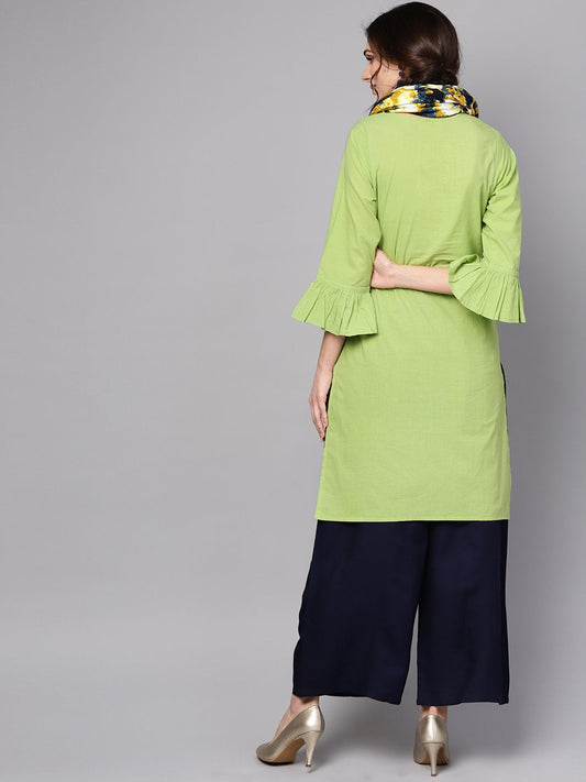 Pastel Green Round Neck Kurta With Rayon Printed Stole | LASVINI - Redefining Indian Fashion with Elegance