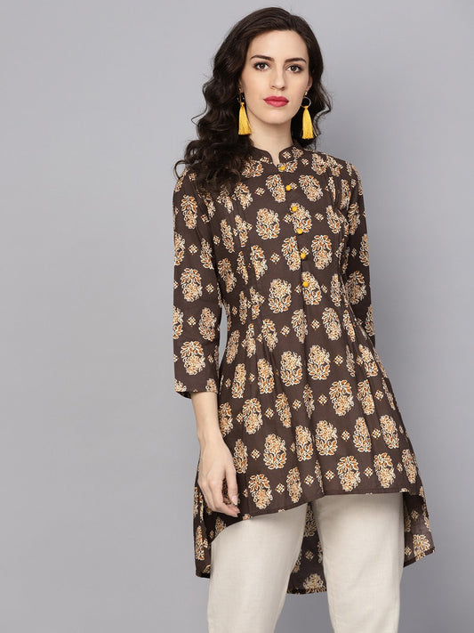 Chocolate Brown Printed Tunic With Madarin Collar And 3/4 Sleeves | LASVINI - Redefining Indian Fashion with Elegance