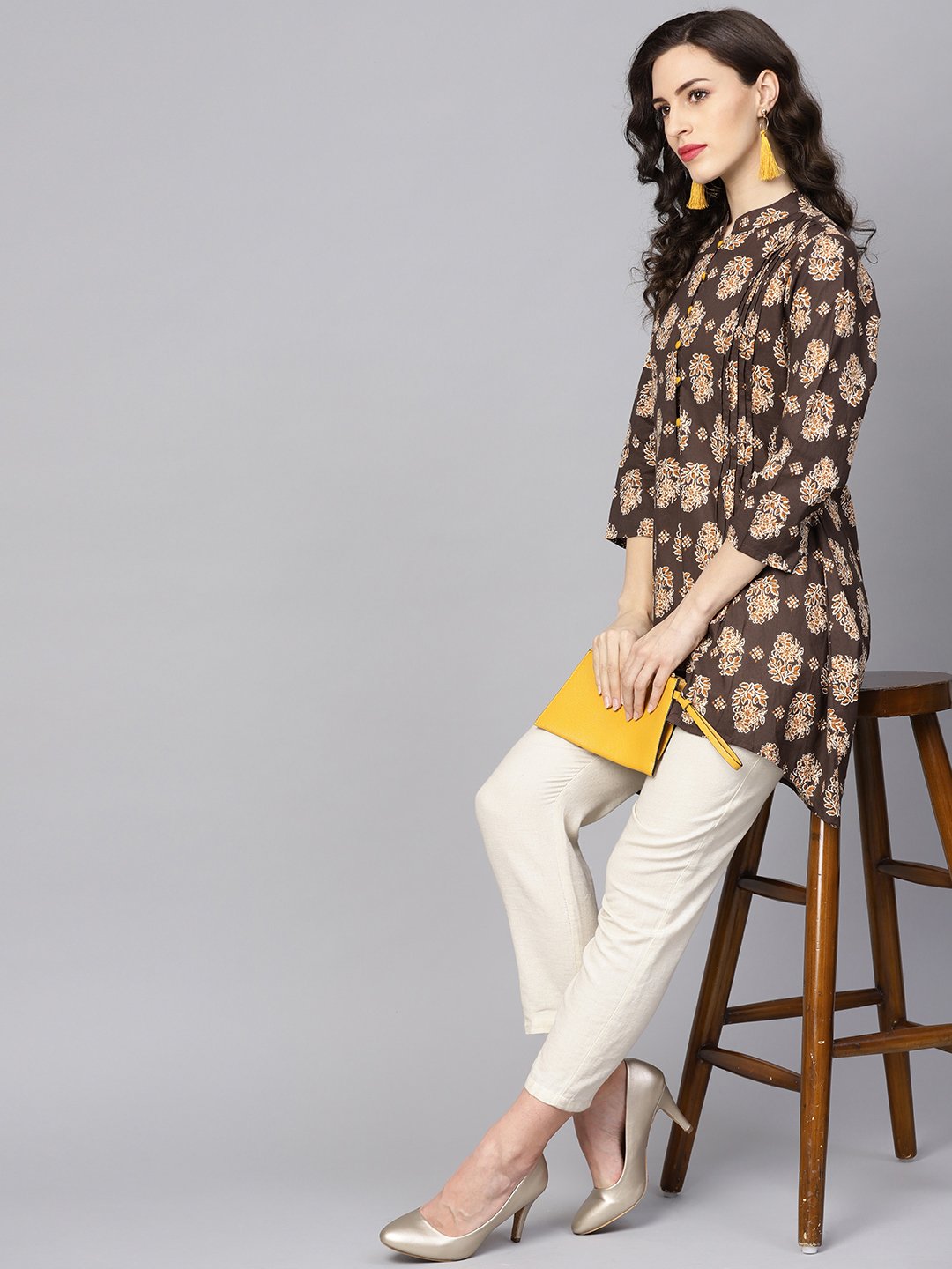 Chocolate Brown Printed Tunic With Madarin Collar And 3/4 Sleeves | LASVINI - Redefining Indian Fashion with Elegance