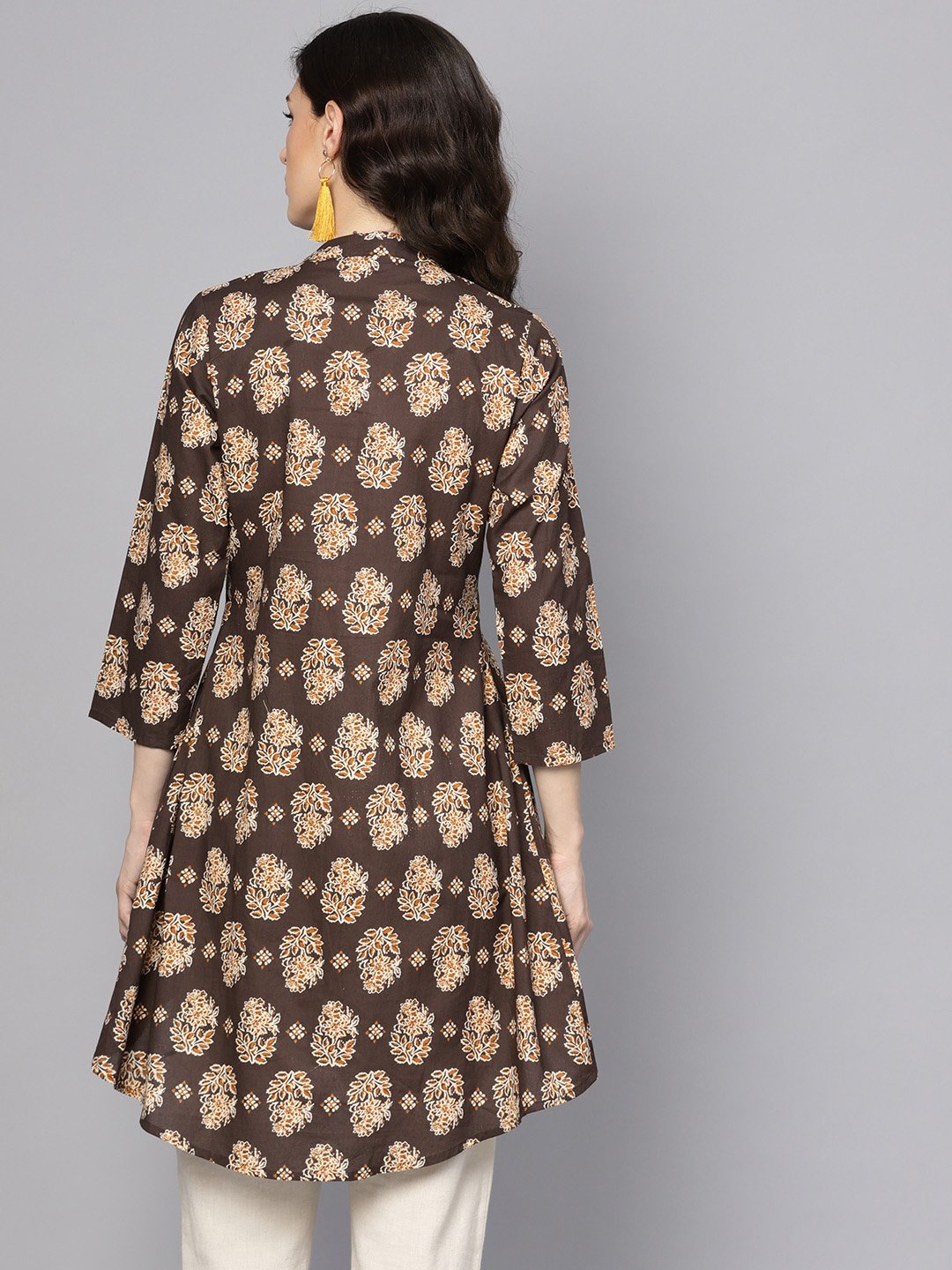 Chocolate Brown Printed Tunic With Madarin Collar And 3/4 Sleeves | LASVINI - Redefining Indian Fashion with Elegance