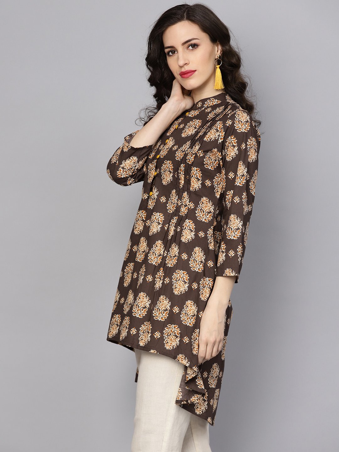 Chocolate Brown Printed Tunic With Madarin Collar And 3/4 Sleeves | LASVINI - Redefining Indian Fashion with Elegance