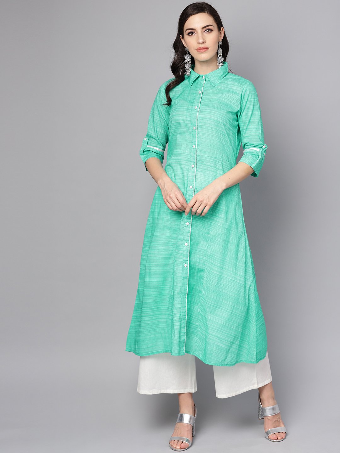 Turquoise Blue A-Line Kurta With Shirt Collar & 3/4 Sleeves | LASVINI - Redefining Indian Fashion with Elegance